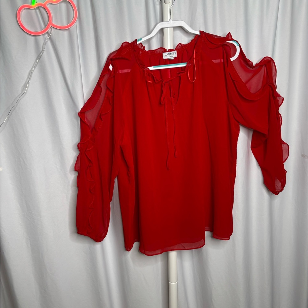 Carbon Red Ruffle Cold Shoulder Blouse